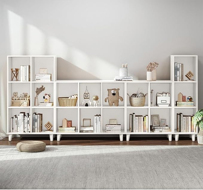 IOTXY Open Cube Low Bookcase - 3-Tier Freestanding Storage Display Cabinet Organizer with Legs for Home Office, 3-Cubes Open Shelf Short Bookshelf, White