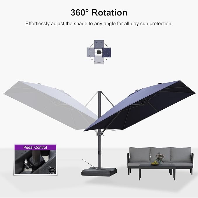 PURPLE LEAF 10' × 10' Patio Cantilever Umbrella with Base Outdoor Square Adjustable Offset Umbrellas with 360-degree Rotation and 8 Heavy Duty Metal Ribs for Garden Deck Pool Navy Blue