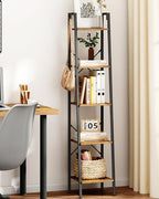 Ladder Shelf, Bookshelf Bookcase, Freestanding Corner Storage Shelve with 2 Hooks for Home Office, Living Room, Kitchen, Bedroom, Industrial, 5-Tier Rustic Brown BC03201B