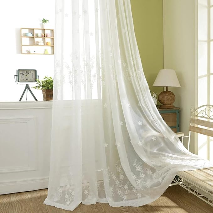 White Sheer Curtains Embroidered Design Rod Pocket Window Drapes for Living Room Dining Room Bedroom, 2 Panels (Gypsophila, 60x104)