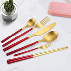 AARainbow 8 Pieces Stainless Steel Flatware Set Portable Reusable Cutlery Set Travel Utensils Set Including Chopsticks Knife Fork Spoon Straws Cleaning Brush Dishwasher Safe (B-Red Golden)