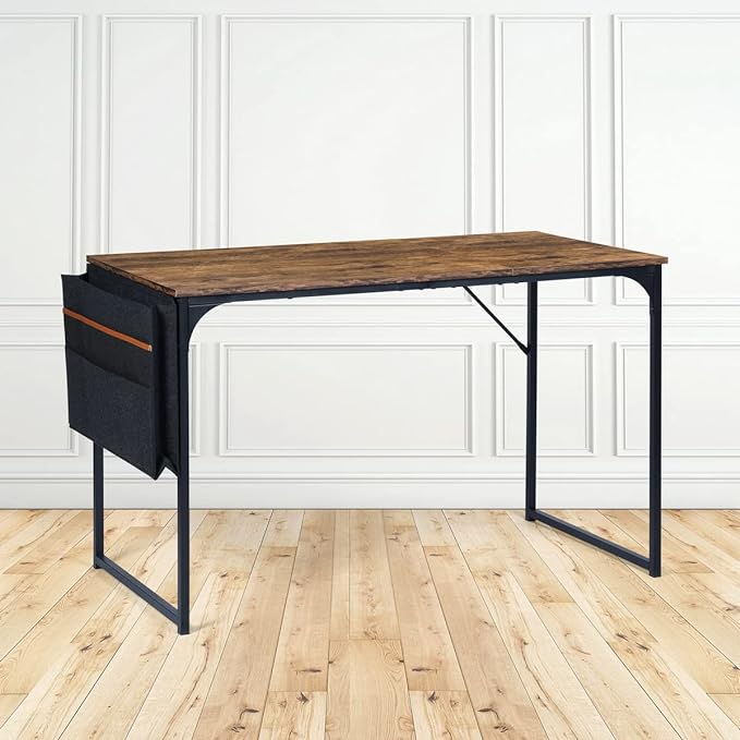 47 inch Study Storage Bag Space Saving for Home Office, Modern Simple Style PC, Black Metal Frame Computer Desk, Writing Table, Brown