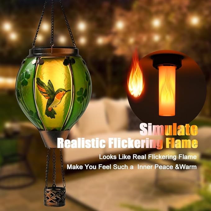 St Patricks Hot Air Balloon Solar Lantern - Patrick's Shamrock Glass Lantern, Simulated Flickering & Dancing Flame, Outdoor Hummingbird Hanging Yard Light for Patio Porch Decor Irish Clover Gift