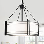 16.3''Black Drum Chandelier 3-Light Modern Farmhouse Chandelier with White Fabric Shade Adjustable Drum Pendant Light Fixture for Dining Room Kitchen Island Hallway Living Bedroom