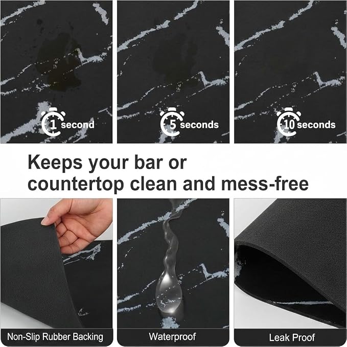 ZLR Coffee Bar Mat for Espresso Machine, 12"x20" Medium, Marble Black | Absorbent Dish Drying Mat, Stain-Hiding PU Top, Non-Slip Back, Fits Grinder, Knock Box, Tamper & Milk Frother
