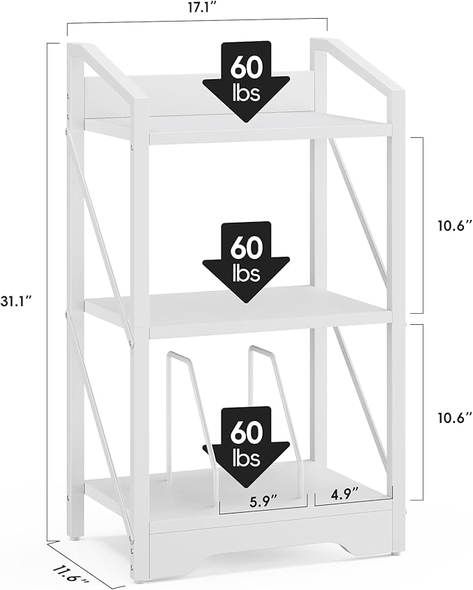 Vagusicc 3 Tier Bookshelf, Small Book Shelf Industrial Bookshelf, Wood Short Book Shelf Office Shelves with Metal Frame, White Open Shelf Storage Organizer Bookcase for Living Room Bedroom, White