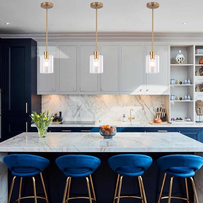 Brass Pendant Lights Kitchen Island - Gold Clear Glass Pendant Light Fixture Multiple Stems Rods 3 Units 12 Inch 3 Units 4 Inch (3 Pack Brass)