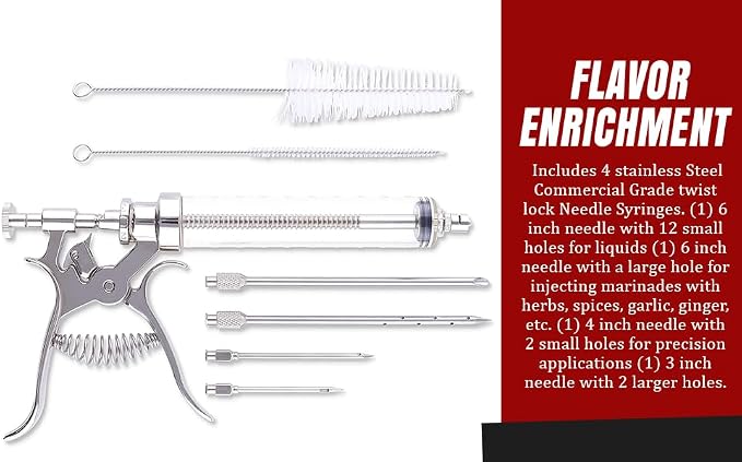 J&B Goods Professional Automatic BBQ Meat Marinade Injector Gun Kit with Case, 2 oz Large Capacity Barrel and 4 Commercial Grade Marinade Needles.