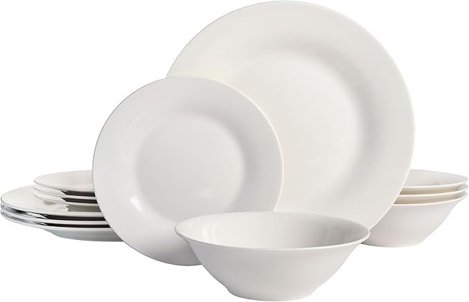 Gibson Home Zen Buffet Round 12 Piece Porcelain Chip and Scratch Resistant Dinnerware Plates and Bowls Set, Scratch & Chip Resistant