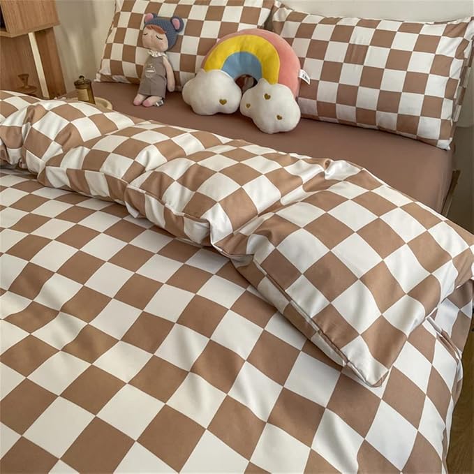 Wellboo Light Brown Plaid Comforter Sets California King Women Men Cream Coffee and White Checkerboard Grid Bedding Comforters Cal King Cotton Boys Girls Modern Light Taupe Checkered Geometric Quilts