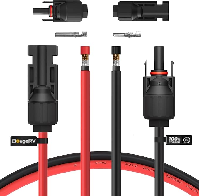 BougeRV 10 Feet 10AWG Solar Extension Cable with Female and Male Connector with Extra Pair of Connectors Solar Panel Adaptor Kit Tool (10FT Red + 10FT Black)