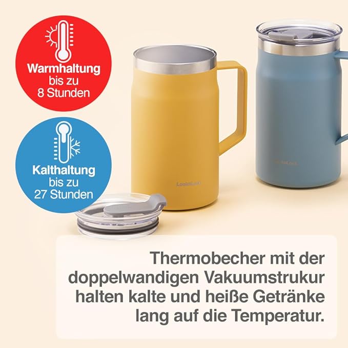LocknLock Metro Mug, Premium 18/8 Stainless Steel Metal, Double Wall Insulated, Portable Coffee Cup with Lid and Handle for Hot and Cold Drinks, Blue, 20 oz