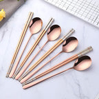 Buyer Star 4 Set Rose Gold Square Chopsticks and Spoons Set Metal Stainless Steel Spoons Chopsticks Set