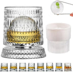 360 Degree Rotating Whiskey Glass Set with Ice Ball Mold, Crystal Clear Bourbon Scotch Glassware for Men, Fun & Novelty Gifts (Pattern 9)