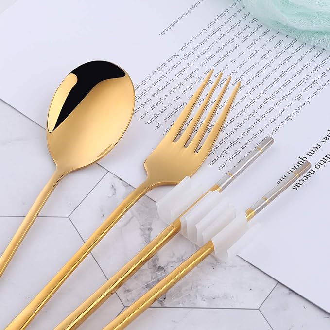 3 PCS Stainless Steel Travel Camping Flatware Set Fork Spoon Chopsticks with Portable Case, Gold