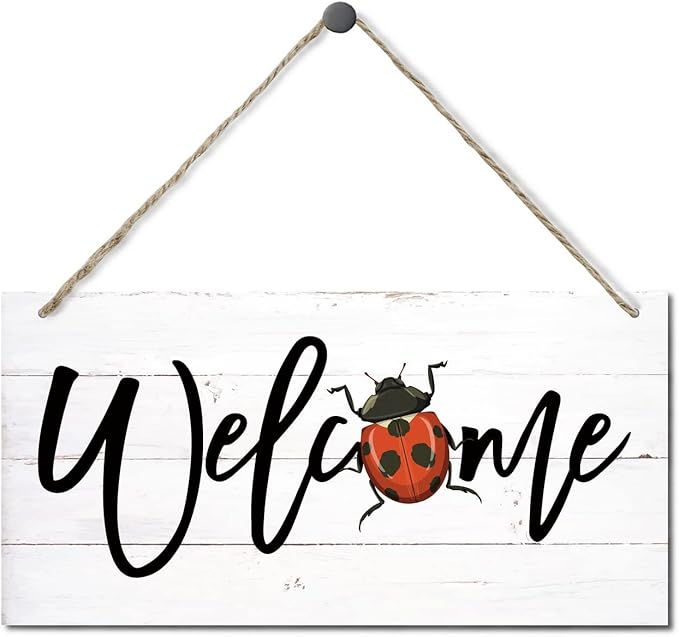 Welcome Decor Sign, Hanging Wood Sign Home Decorative, Printed Wood Wall Art Sign, Ladybug Welcome Sign, Door Sign, Front Door Wall Art Decor, Welcome Sign for Home Farmhouse Yard Garden 12 * 6inch