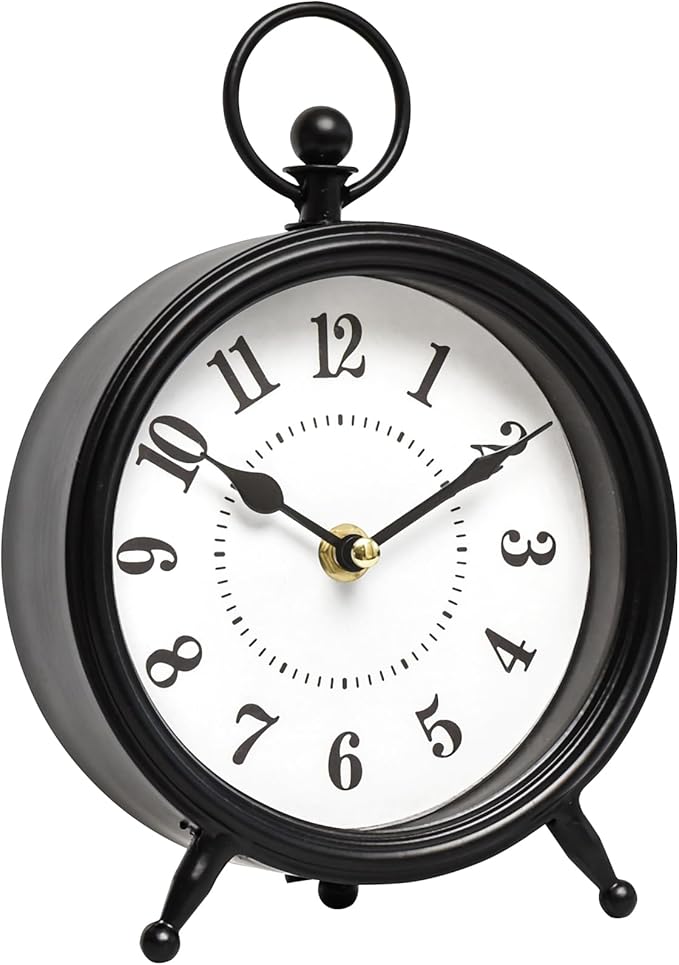 Vintage Black Table Clock on Stand, Decorative Desk and Shelf Clock，Decorative Battery Operated Table Top Clock for Living Room，Silent Non-Ticking(Small)