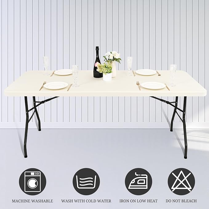 6 Pack Stretch Fabric Table Top Cap Cover, fits 8' Tables, Spandex Table Covers Washable Elastic Rectangle Tablecloth Protector for Indoor Outdoor Party Picnic Wedding, Ivory, 30" W x 96" L