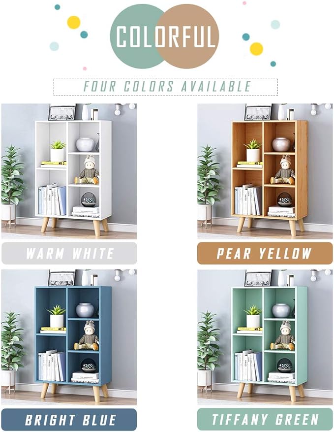 IOTXY Wooden Open Shelf Bookcase - 3-Tier Floor Standing Display Cabinet Rack with Legs, 5 Cubes Bookshelf, Pear Yellow