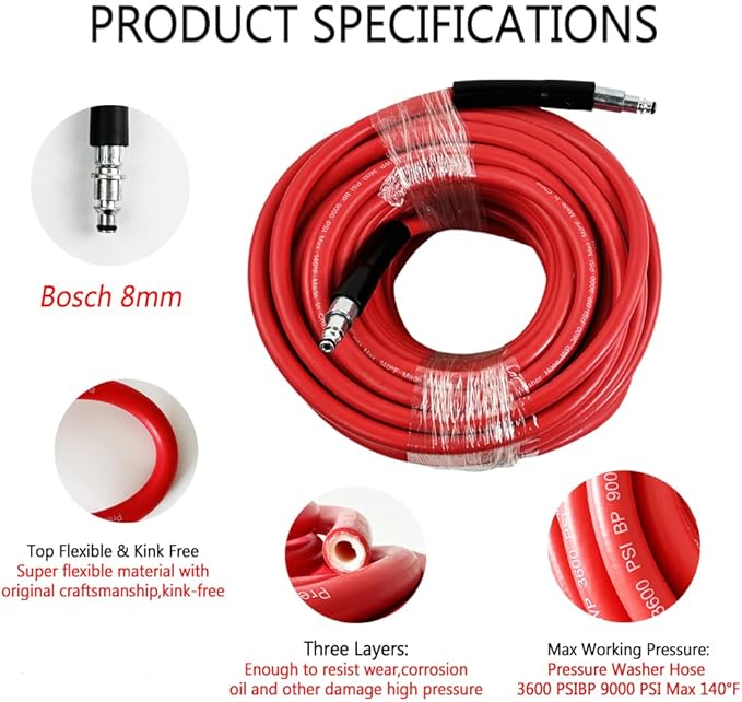 5800PSI/400Bar Ultra Flexible Pressure Washer Hose for Bosch Home Cleaning, 5M-30M High Pressure Extension Tube with Quick-Connect Adapter,(Red/Blue/Yellow/Green/Grey/Orange/Light Blue)(Red,95FT)