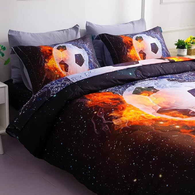 Wajade Football Soccer Comforter Set Bed in A Bag Queen Size 3D Galaxy Soccer Ball Sports Bedding Set for Boys Kids (1 Comforter, 1 Flat Sheet, 1 Fitted Sheet, 2 Pillowcase and 2 Pillow Sham)