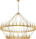 60 Inch Gold Wagon Wheel Chandelier,2 Tier 54-Lights Farmhouse Chandelier for Living Room,Round Rustic Dining Room Light Fixture,Extra Large Foyer Chandeliers for High Ceilings,for Staircase,Entryway