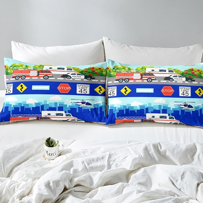 Erosebridal Kids Fire Trucks Car Comforter Set Full Size Cartoon Police Car Down Comforter Airplane Rescue Vehicles Beding Set Boys Girls Car Room Decor Soft Lightweight Duvet Set, Colorful Comforter