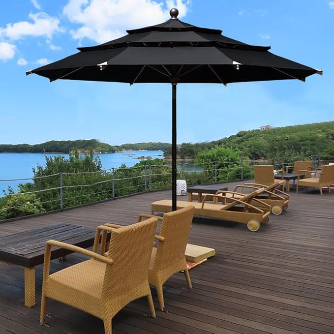 EliteShade USA 10-Year-Non-Fading 11Ft 3 Tiers Market Umbrella Patio Outdoor Cylinder Auto Push-up Table Umbrella with Ventilation, Black