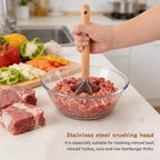 Stainless Steel Meat Chopper with Wooden Handle, 11inch Meat Masher and Tenderizer, Ground Beef Chopper Tool, Hamburger Smasher Tool