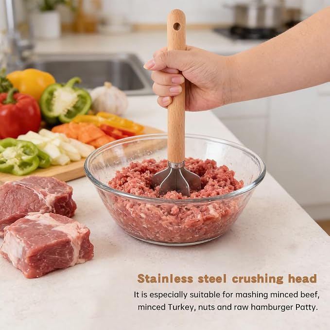 Stainless Steel Meat Chopper with Wooden Handle, 11inch Meat Masher and Tenderizer, Ground Beef Chopper Tool, Hamburger Smasher Tool