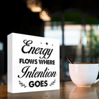 Energy Flows Where Intention Goes Wood Block Sign Desk Decor,Inspirational Wooden Box Plaque Sign Desk Decor for Home Office Cubicle Shelf Table Decor Decorations