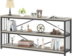 IBF Low Long Horizontal Bookshelf, Industrial Modern 3 Tier Etagere Bookcase, Large Wide Open Rustic Metal and Wood Grey Book Shelf for Bedroom Living Room Home Office Storage, Light Grey Oak, 63 Inch
