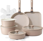 SENSARTE 17 Piece Ceramic Detachable Handle Pots and Pans Set Almond Beige | Ceramic Cookware Set, Induction Cookware Set with Removable Handle, Healthy Non Stick for RV, Dishwasher ＆ Oven Safe