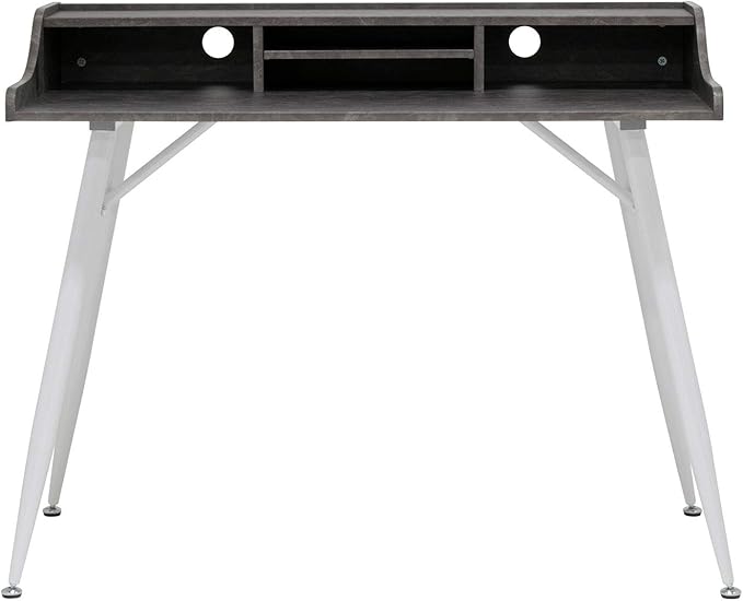 Calico Designs Woodford 45” Wide Modern, Secretary, Writing, Desk with Low Storage Hutch and Whtie Metal Tapered Legs in Marbled Dark Grey, White