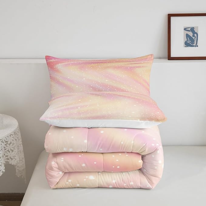 Girls Pastel Bedding for Kids Toddlers, Glitter Galaxy Space Bedding Comforter Sets Gradient Sparkle Comforter Set for Boys Girls Bedroom, Tie Dye Pastel Bedroom Decor 3 Pcs, Full ( Pink Yellow)