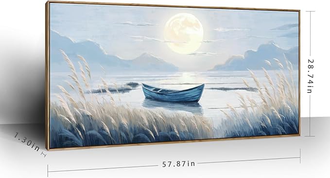 amatop Oversized Framed Coastal Wall Art for Living Room Blue Boat Moon Sea Picture Landscape Canvas Print Calming Night Ocean Lake Scene Large Artwork Nautical Bedroom Office Wall Decor 58x29 In