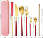 AARainbow 8 Pieces Stainless Steel Flatware Set Portable Reusable Cutlery Set Travel Utensils Set Including Chopsticks Knife Fork Spoon Straws Cleaning Brush Dishwasher Safe (B-Red Golden)
