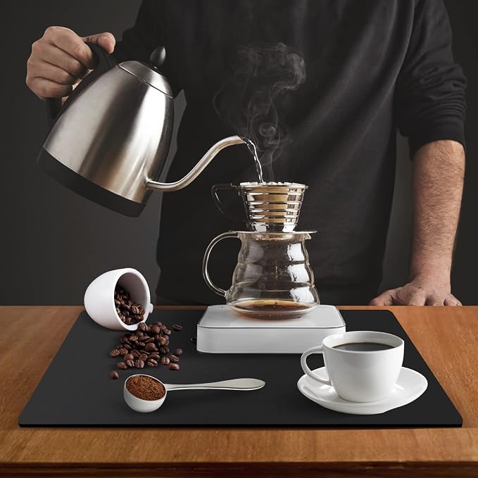 ZLR Coffee Bar Mat for Keurig & Nespresso, 12"x16" Small, Black | Absorbent Dish Drying Mat, Stain-Hiding PU Leather Top, Non-Slip Rubber Back, Heat-Resistant, Fits Frother & Pour-Over