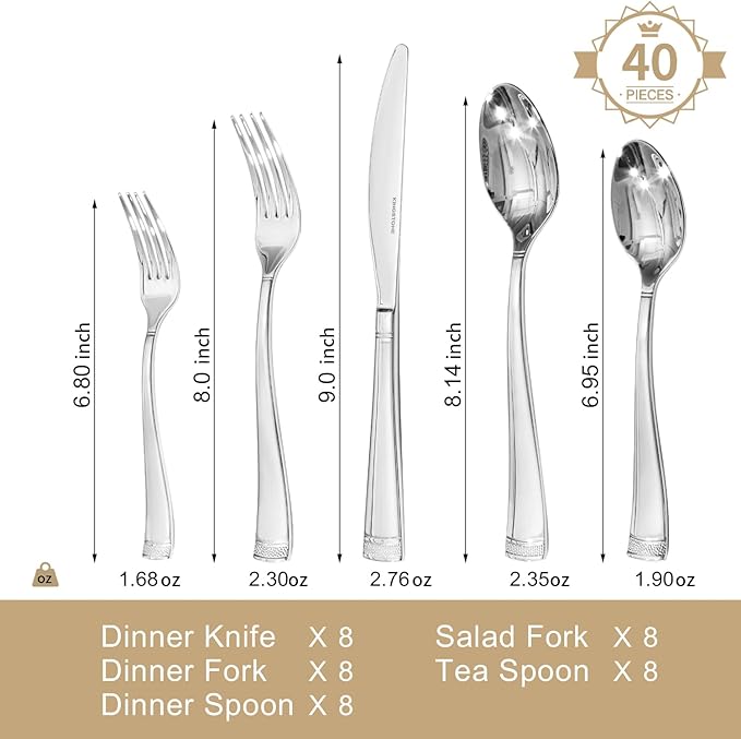 KINGSTONE Silverware Set, 40-Piece Flatware Set for 8, 18/10 Stainless Steel Cutlery Set with Bead Edge, Utensil for Kitchen, Home, Party, Wedding, Mirror Polished, Dishwasher Safe, Featured Gifts