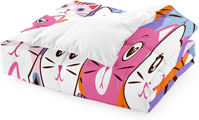 Cat Comforter Set Queen Size - 3Pcs Colorful Cat Bedding Set for Boys Girls Teens Cute Animals Themed Bedding Set Warm Ultra Soft Cartoon Cat Quilt Cover with 2 Pillowcases for Kids Room Decor