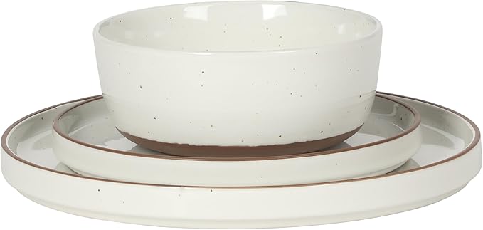 Gibson Elite Northrock Stoneware Dinnerware Set, 16-Piece Service for 4 Plates and Bowls Set – White Dishes with Hand-Painted Terracotta Base