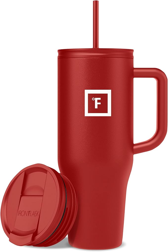 IRON °FLASK 40 oz Co-Pilot Insulated Travel Mug | Insulated Travel Mug with Straw & Flip Cap Lids - Cup Holder Fit, Leakproof, BPA Free (Fire Red)