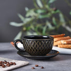 Coffeezone Vintage Design 12 oz Ceramic Latte Art Cappuccino Barista Cup with Saucer (Embossed Black)
