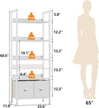 Furologee 5 Tier Bookshelf with Drawers, White Tall Bookcase with Shelves, Wood and Metal Book Shelf Storage Organizer, Modern Display Free Standing Shelf Unit for Bedroom, Living Room, Office