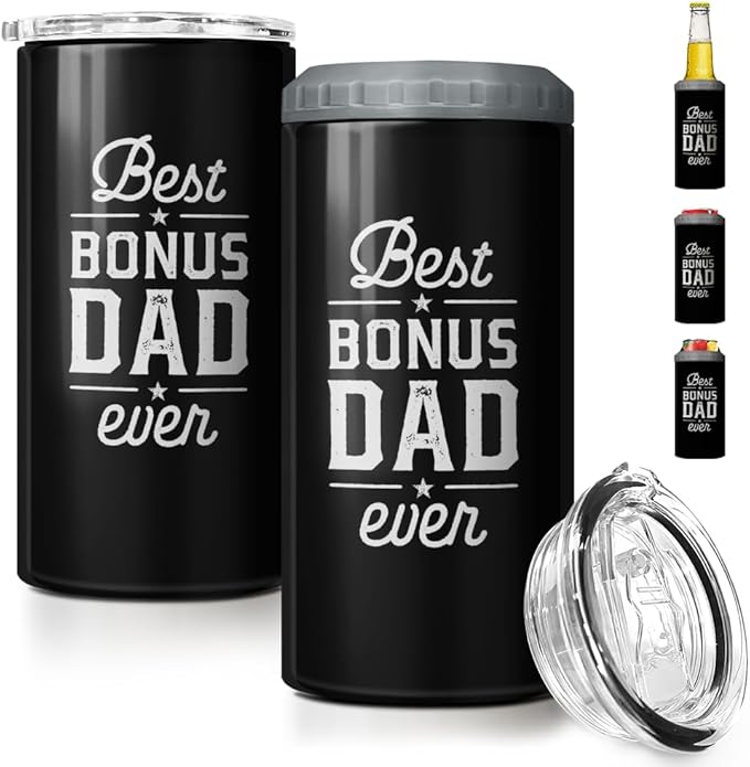 SANDJEST Bonus Dad Tumbler Gifts from Step Daughter Son - 12oz 4 in 1 Design Step Father Tumbler Cup Can Cooler - Best Bonus Dad Ever Insulated Cans Coozie Christmas, Birthday, Father's Day Gift