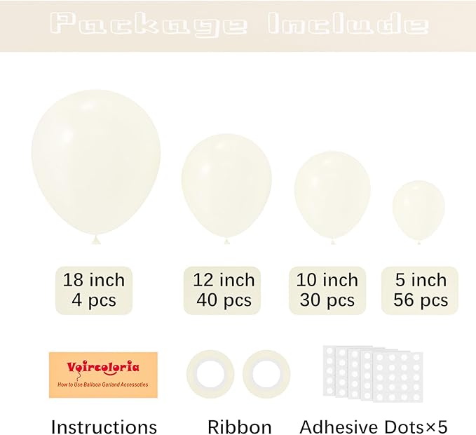 130pcs Ivory White Balloons Different Sizes 18" 12" 10" 5" Party Latex Balloons for Birthday Baby Shower Graduation Wedding Gender Reveal Anniversary Party Decorations