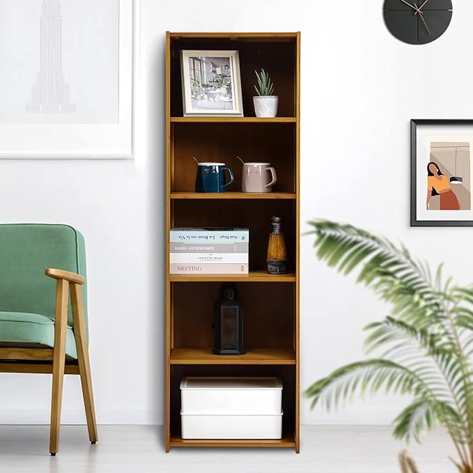 MoNiBloom Bamboo 5 Tier Free Standing Narrow Bookcase Display Storage Shelves Collection Décor Furniture for Home Office Living Room, Brown