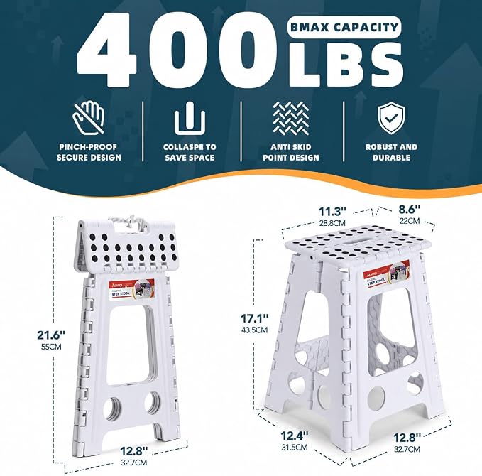 ACSTEP 17.5 Inch Heavy Duty Folding Step Stool for Adults, 400 lbs, White | Collapsible Stepping Stool for Adults with Handle and Non-Slip Surface, for Kitchen, Garage, Bedroom and Outdoor Tasks