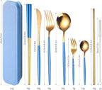 AARAINBOW 8 Pieces Stainless Steel Flatware Set Portable Reusable Cutlery Set Travel Utensils Set Including Chopsticks Knife Fork Spoon Straws Cleaning Brush Dishwasher Safe (Blue Golden)
