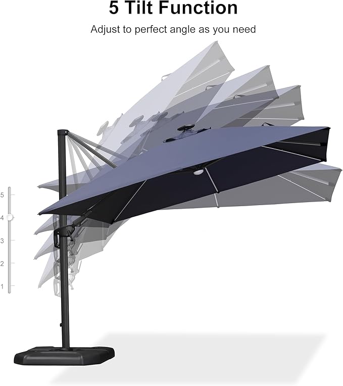 PURPLE LEAF 10 Feet Patio Umbrella Outdoor Cantilever Solar Powered LED Swivel Square Umbrella Aluminum Offset Umbrella with 360-degree Rotation for Garden Deck Pool Patio, Navy Blue